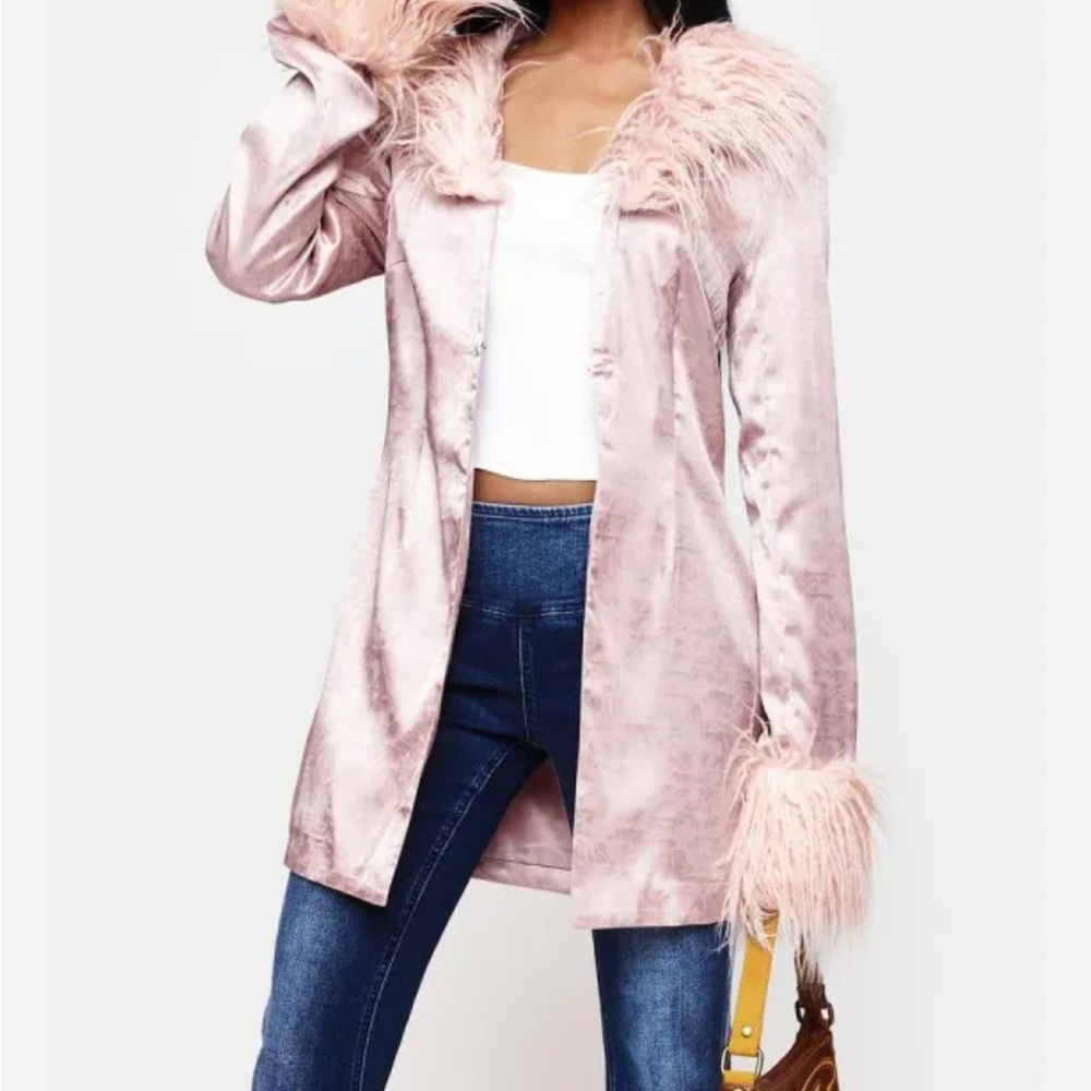 Elegant Pink Faux Fur Trim Coat